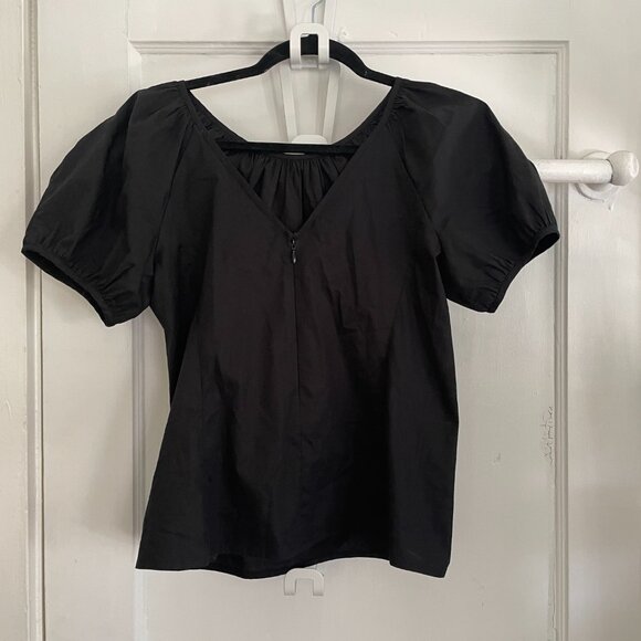 J.Crew V-back Puff-Sleeve Stretch Cotton Poplin Top | Black| Size 2 | NWOT - Picture 2 of 8